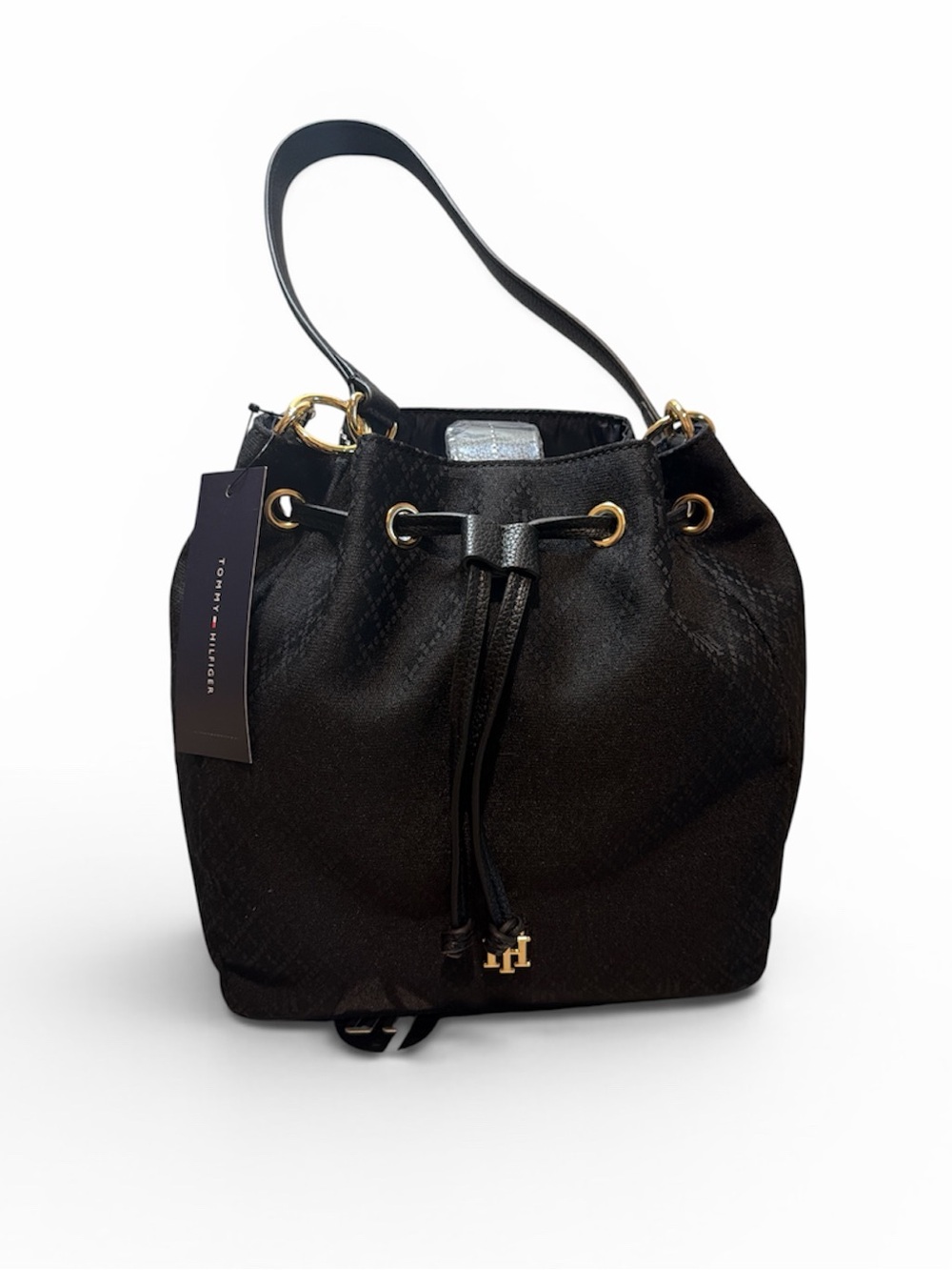 Tommy Hilfiger Black Leather Drawstring Shoulder Bucket Bag